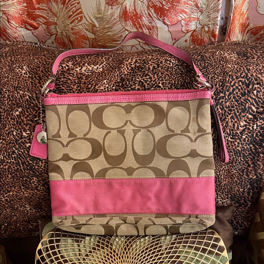 Coach Signature Canvas Shoulder Bag with Pink Trim